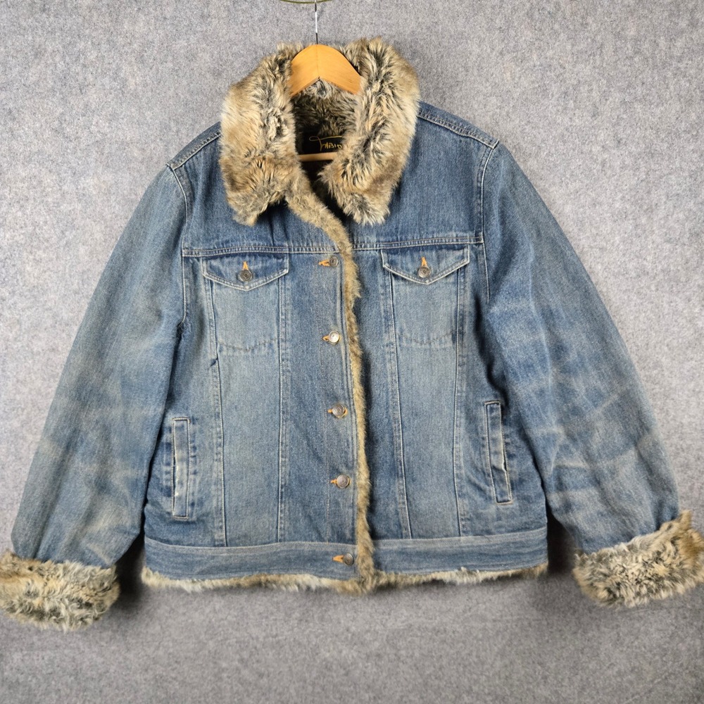Fabio Denim Jacket Womens XL Blue Faux Fur Lined Trim Boho Trim Y2K 90s Trucker